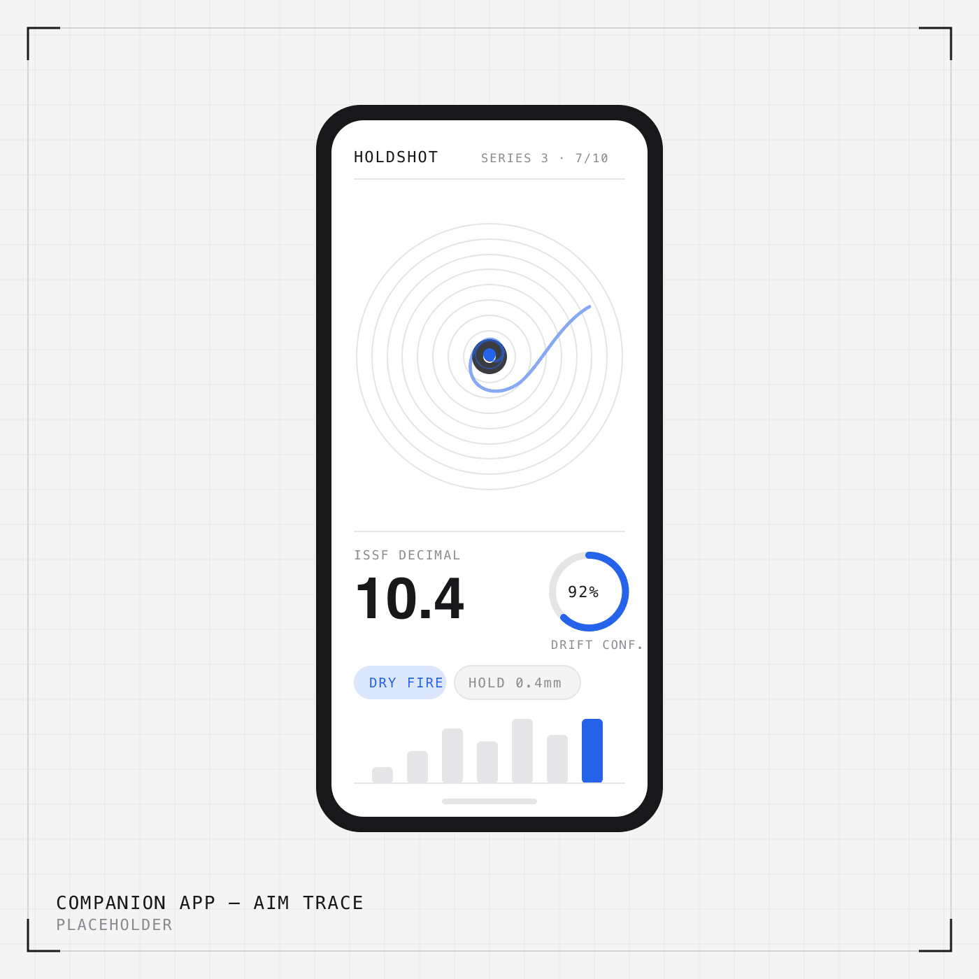 The HOLDSHOT app showing an aim trace settling into the ten ring, scored 10.4