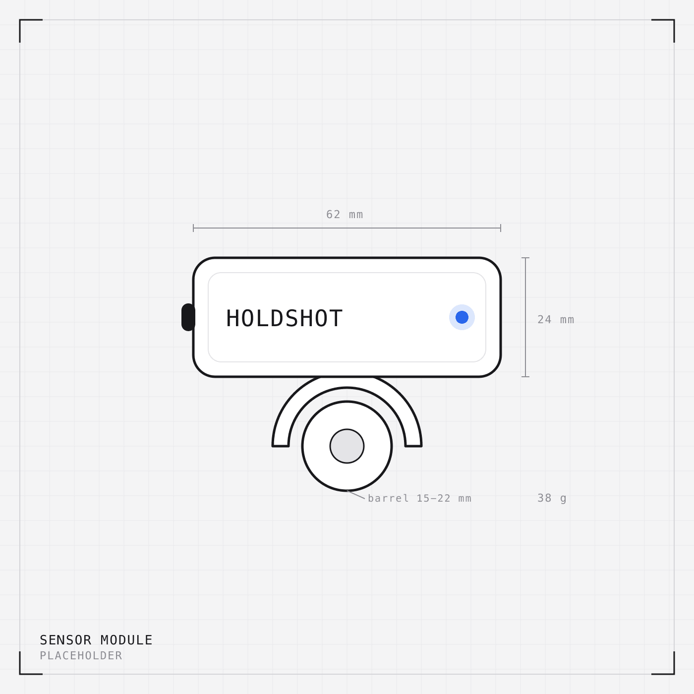 The HOLDSHOT inertial sensor module and its barrel clamp